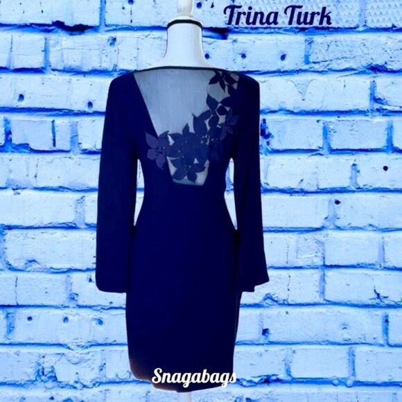 TRINA TURK NWT ENGAGING BELL SLEEVE MESH EMBROIDERY BACK SHEATH DRESS PURPLE 4 - Picture 9 of 12